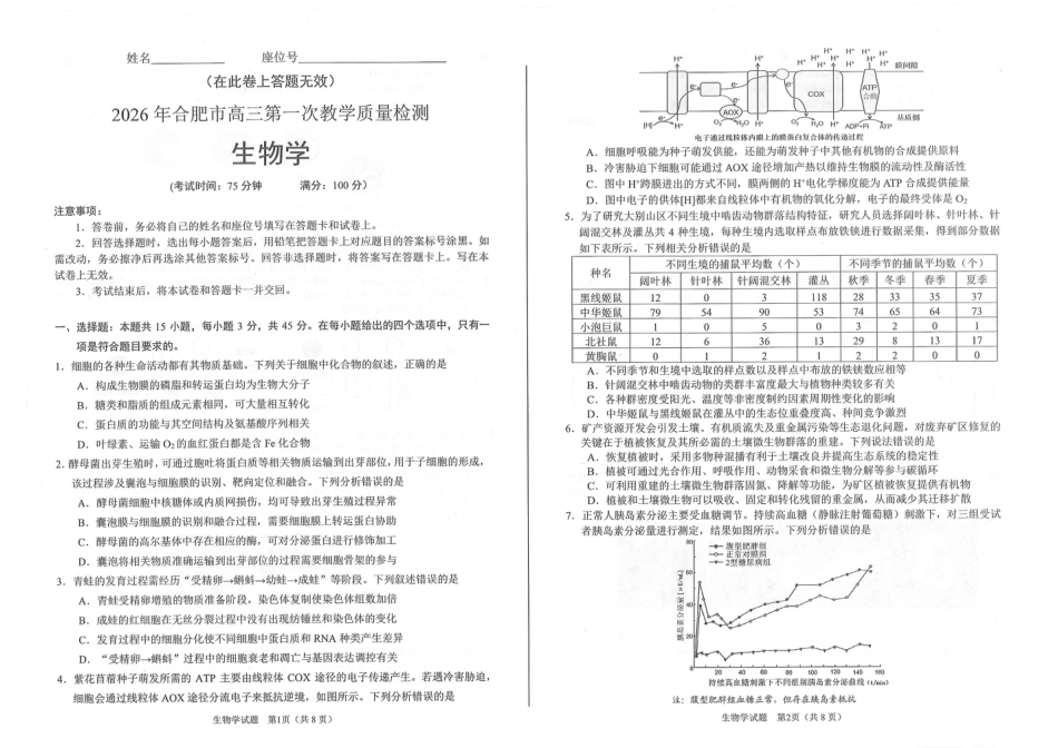 安徽省合肥市2026届高三上学期第一次教学质量检测（一模）生物试题（含答案）.pdf_第1页