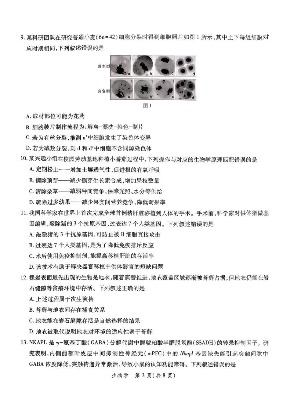 2026年茂名市高三年级第一次综合测试生物学试卷（含答案解析）.pdf_第3页