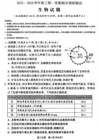 【吕梁一模】山西省吕梁市2025-2026学年高三上学期期末调研测试生物试题及答案.pdf