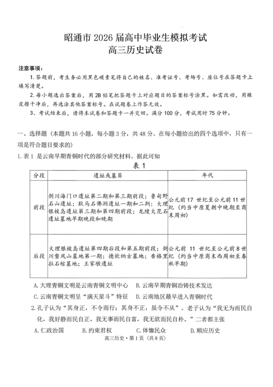 云南省昭通市2026届高中毕业生模拟考试历史试卷（含答案）.pdf_第1页