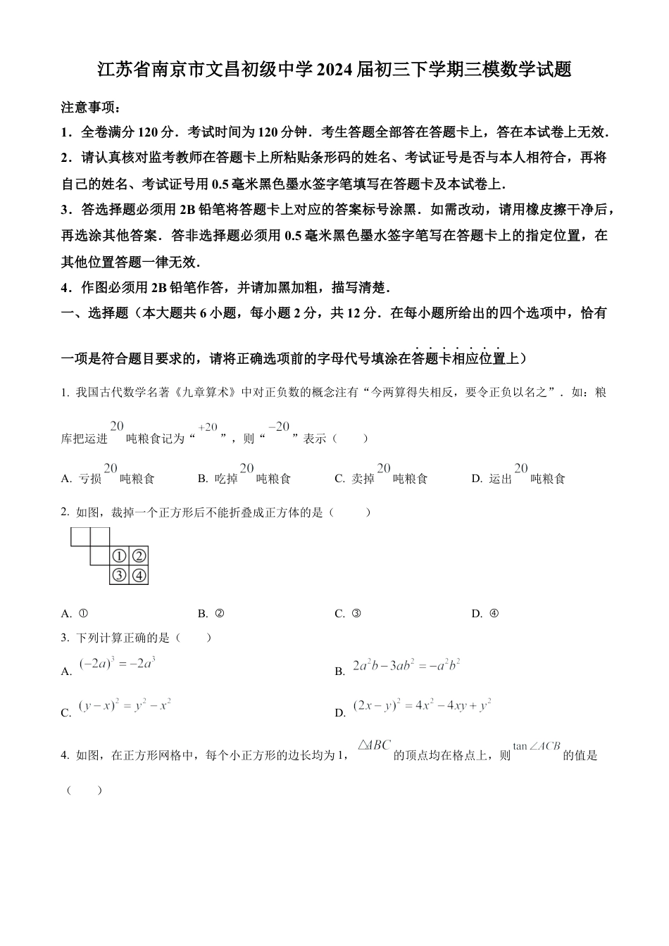 2024年江苏省南京市文昌初级中学中考三模数学试卷（含答案解析）.docx_第1页