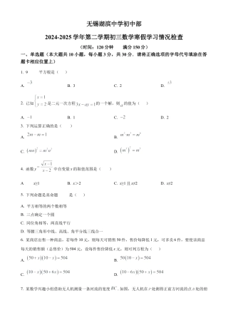 江苏省无锡市湖滨中学2025年九年级寒假作业检查数学试卷（含答案解析）.docx