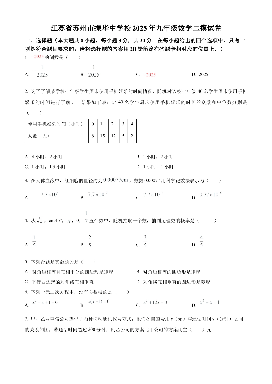 江苏省苏州市振华中学校2025年九年级数学二模试卷（含答案解析）.docx_第1页