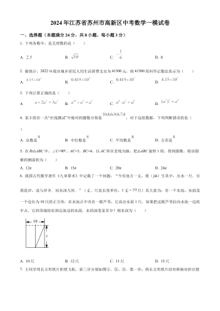 2024年江苏省苏州市高新区中考数学一模模拟试卷（含答案解析）.docx