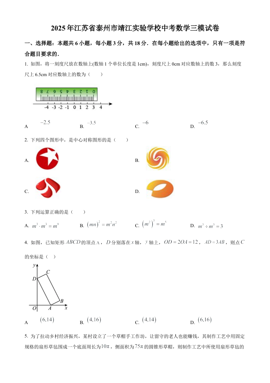 2025年江苏省泰州市靖江实验学校中考数学三模试卷 （含答案解析）.docx_第1页