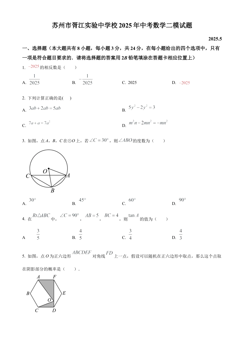 2025年江苏省苏州市胥江实验中学校九年级数学中考二模试卷（含答案解析）.docx_第1页