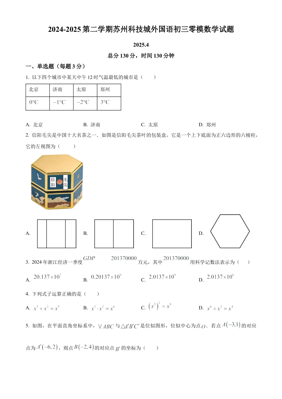 2025年江苏省苏州市苏州科技城外国语学校九年级中考零模数学试卷（含答案解析）.docx_第1页