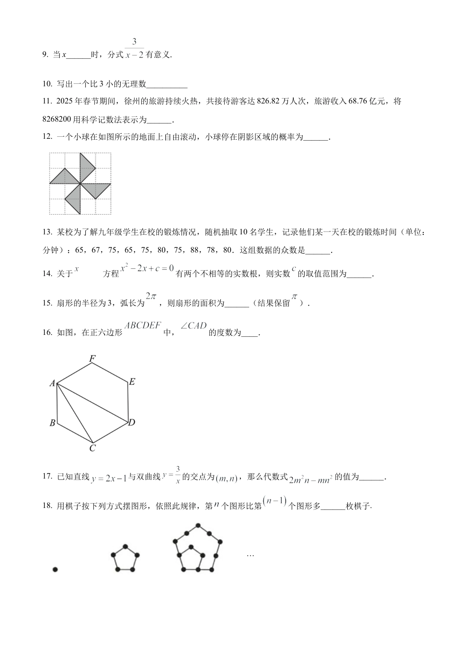 2025江苏省徐州市沛县中考二模数学试卷　（含答案解析）.docx_第3页