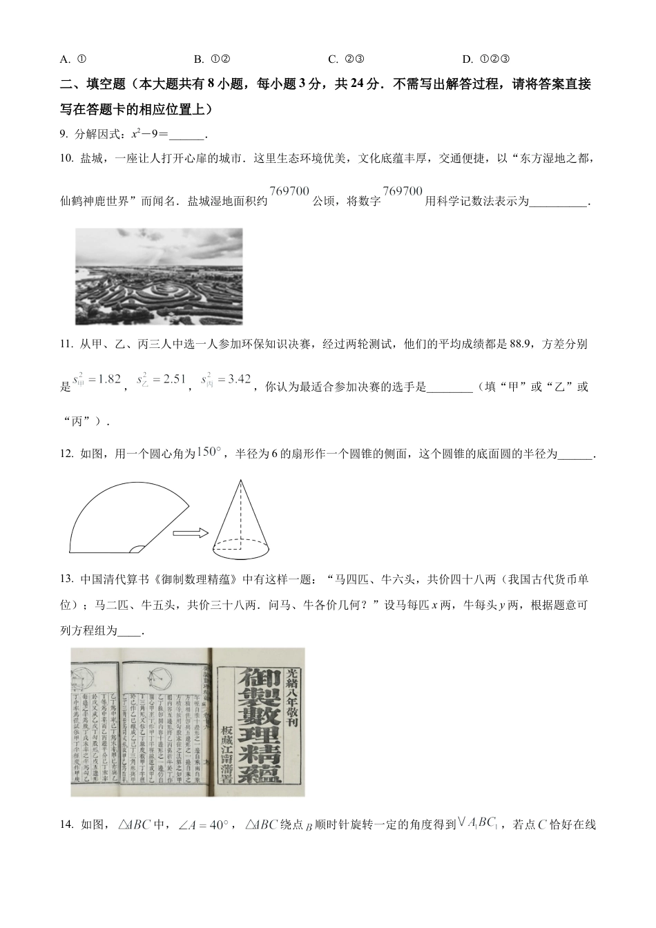 2023年江苏省盐城市大丰区中考一模数学试卷（含答案解析）.docx_第3页