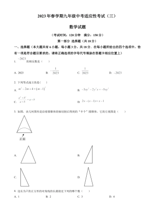 2023年江苏省泰州中学附属初级中学中考三模数学试卷（含答案解析）.docx