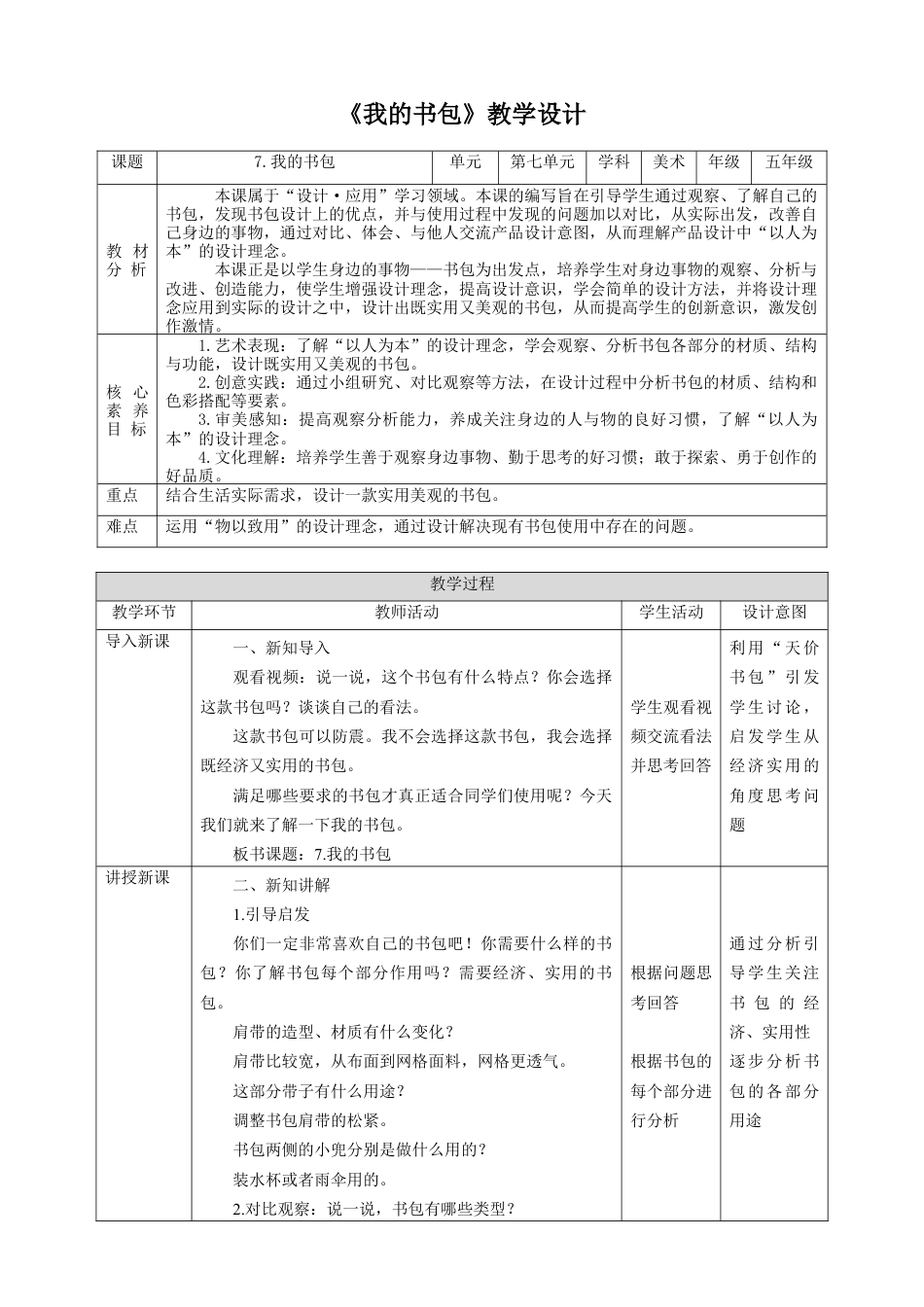 人美版小学五年级下册美术教案-第7课 我的书包 教案.doc_第1页
