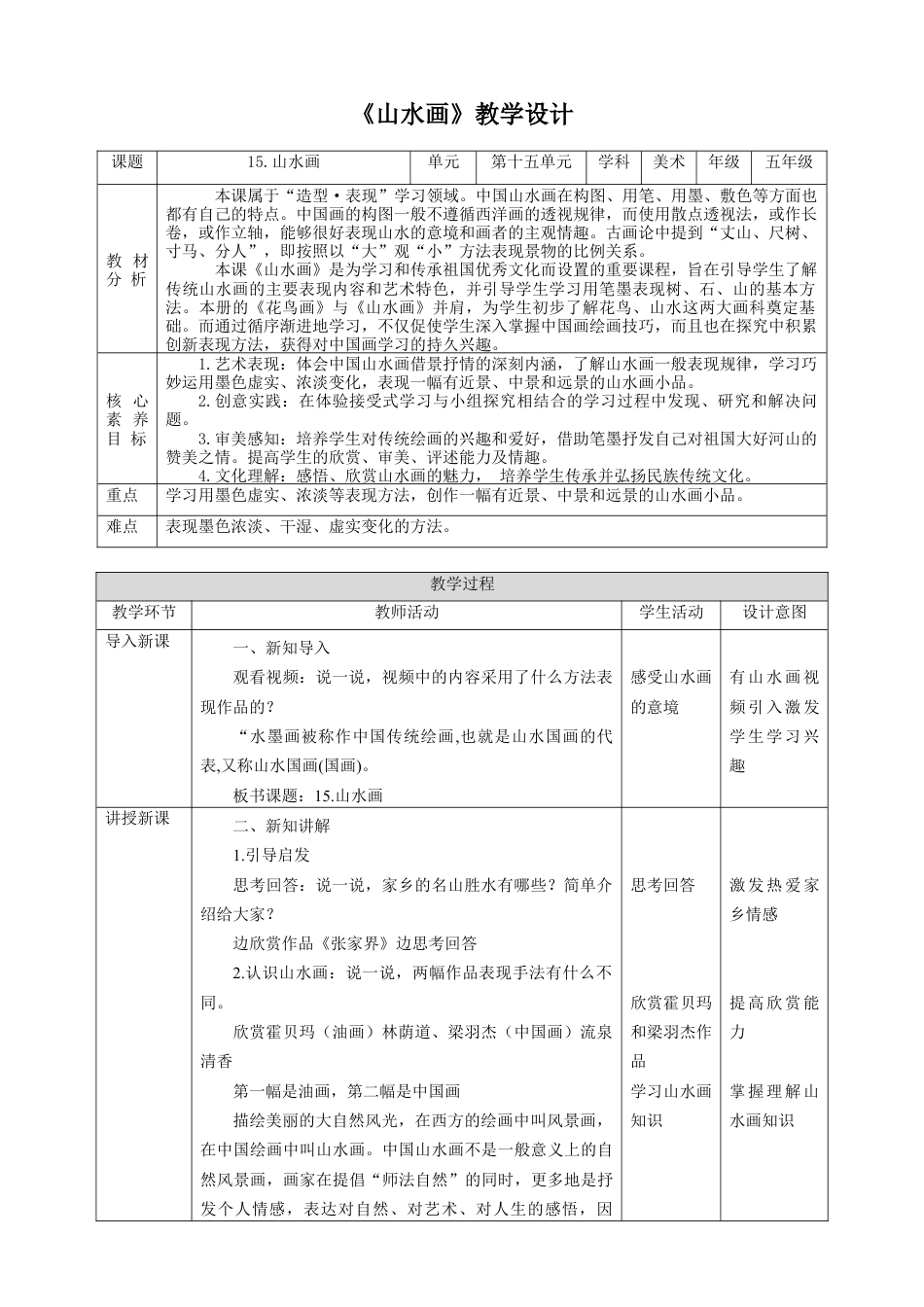 人美版小学五年级下册美术教案-第十五课 山水画 教案.doc_第1页