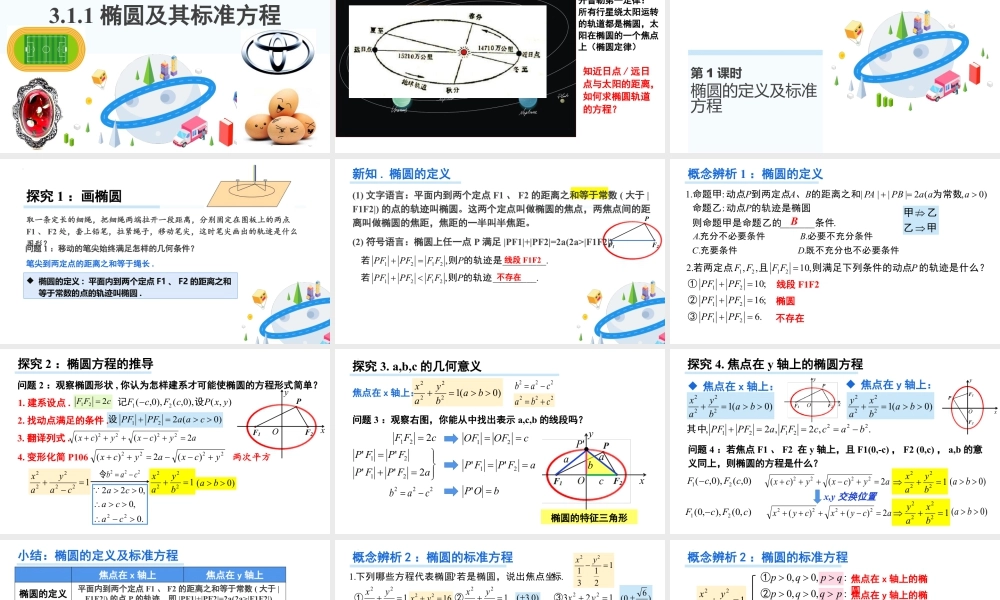 新人教版高中数学选择必修第一册同步PPT课件-3.1.1 椭圆及其标准方程（含3课时）.pptx