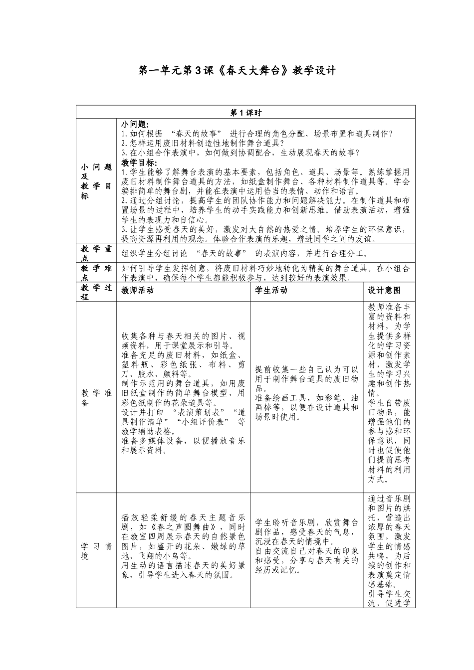 人美版美术一年级下册第一单元分课时第3课《春天大舞台》教学设计.doc_第1页