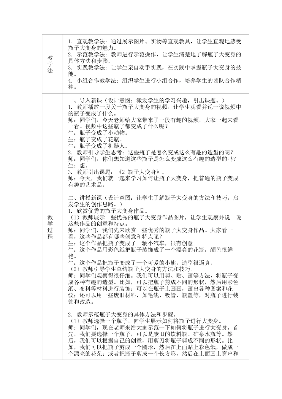 人美版美术一年级上册-瓶子大变身（教学设计）.docx_第2页