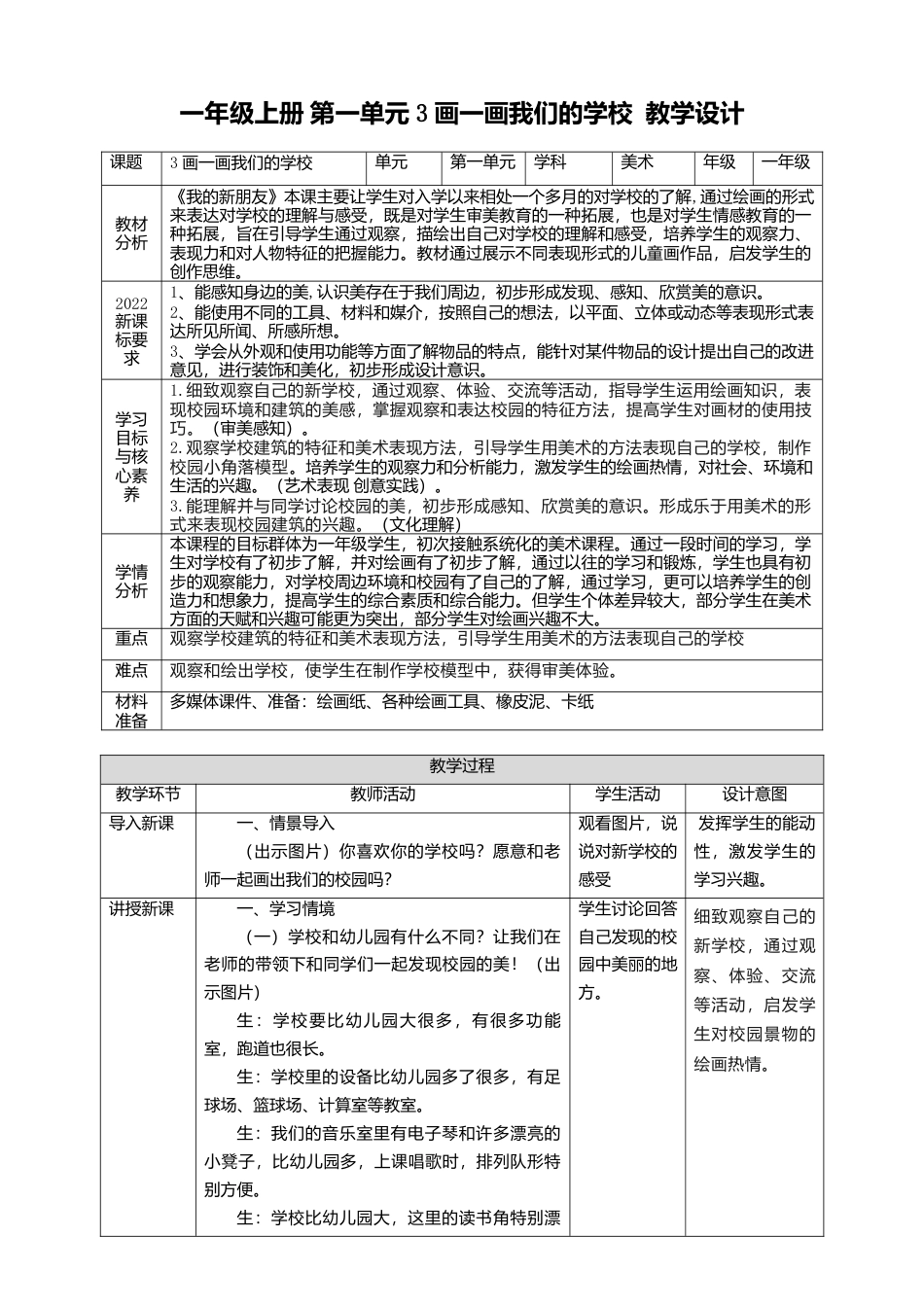 【人美版】美术  一年级上册 第一单元   3 画一画我们的学校  课时教案.doc_第1页