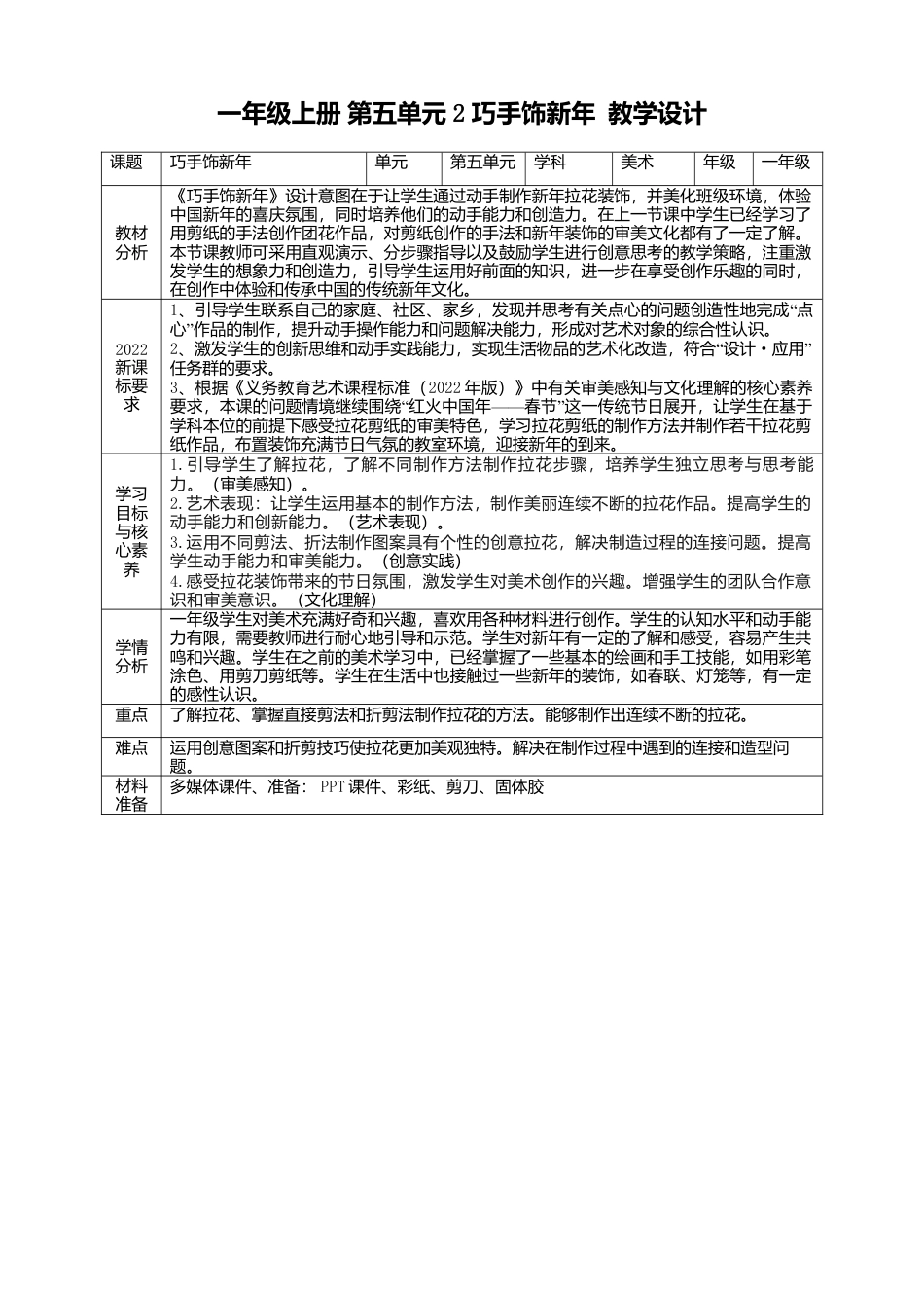 【人美版】美术  一年级上册  第五单元 2 巧手饰新年  课时教案.doc_第1页