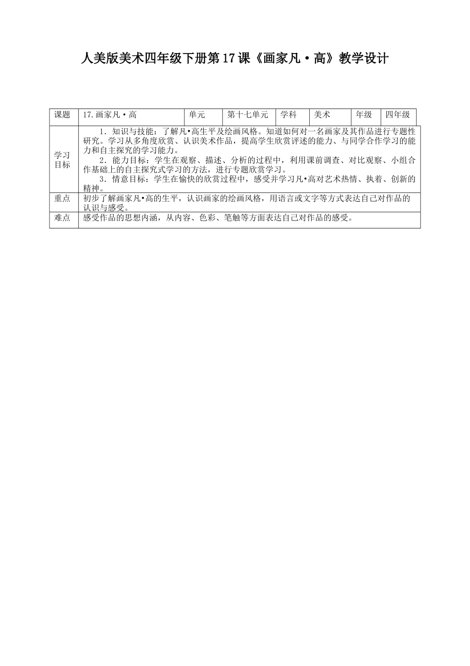 人美版小学美术四年级下册 第十七课《画家凡·高》教案.doc_第1页