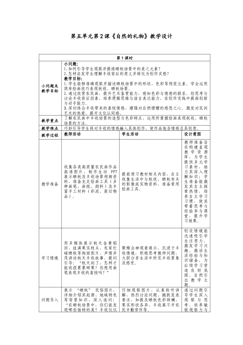 人美版美术一年级下册第五单元分课时第2课《自然的礼物》教学设计.doc_第1页