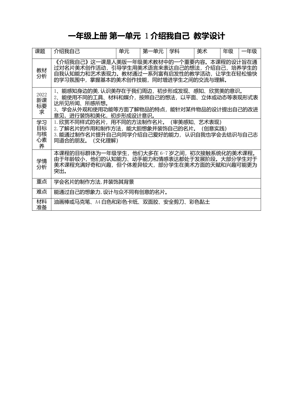 【人美版】美术  一年级上册 第一单元  1介绍我自己  课时教案.doc_第1页