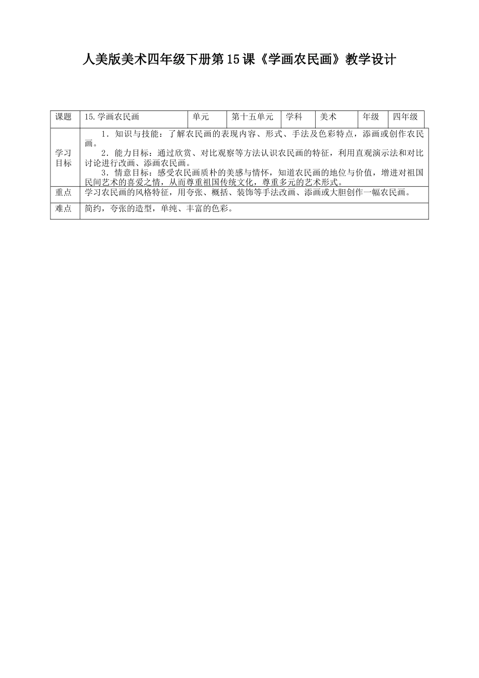 人美版小学美术四年级下册 第十五课《学画农民画》教案.doc_第1页
