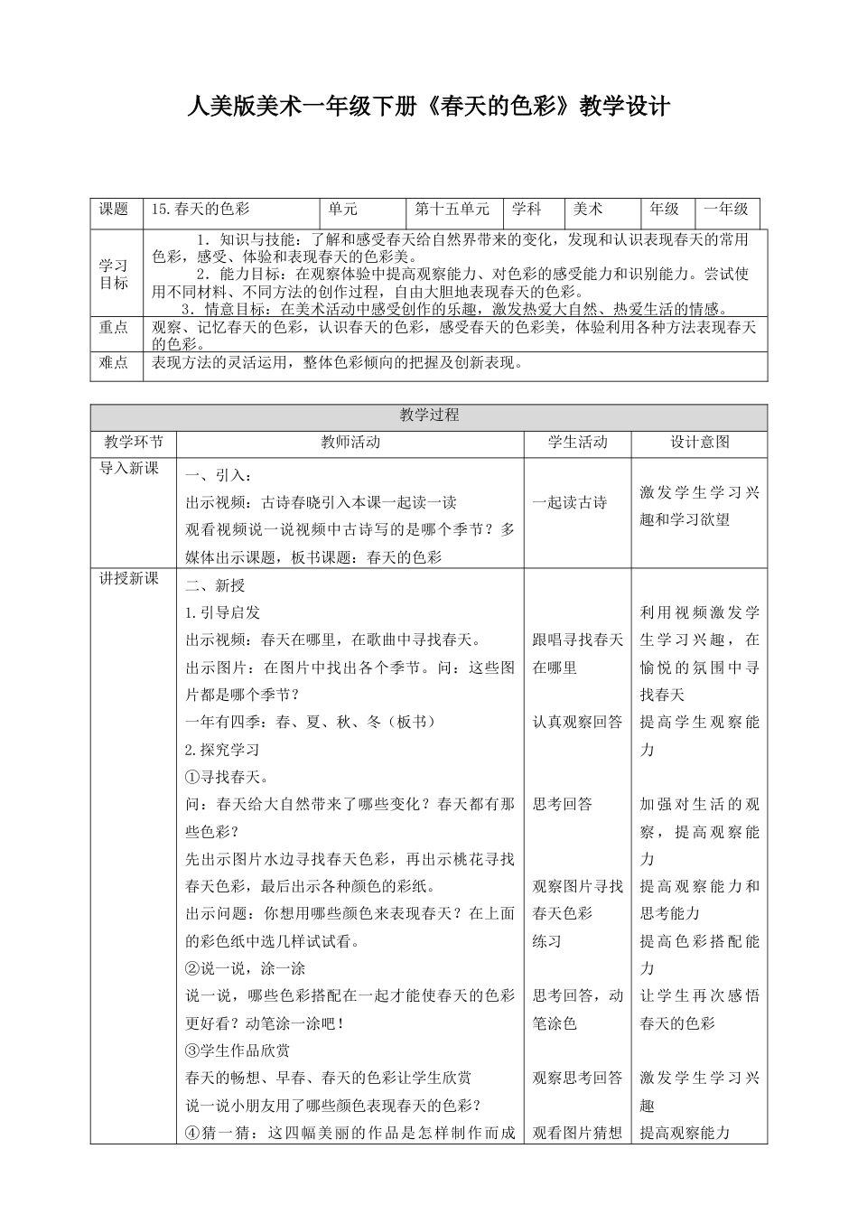 人美版美术一年级下册第十五课《春天的色彩》教案.doc_第1页
