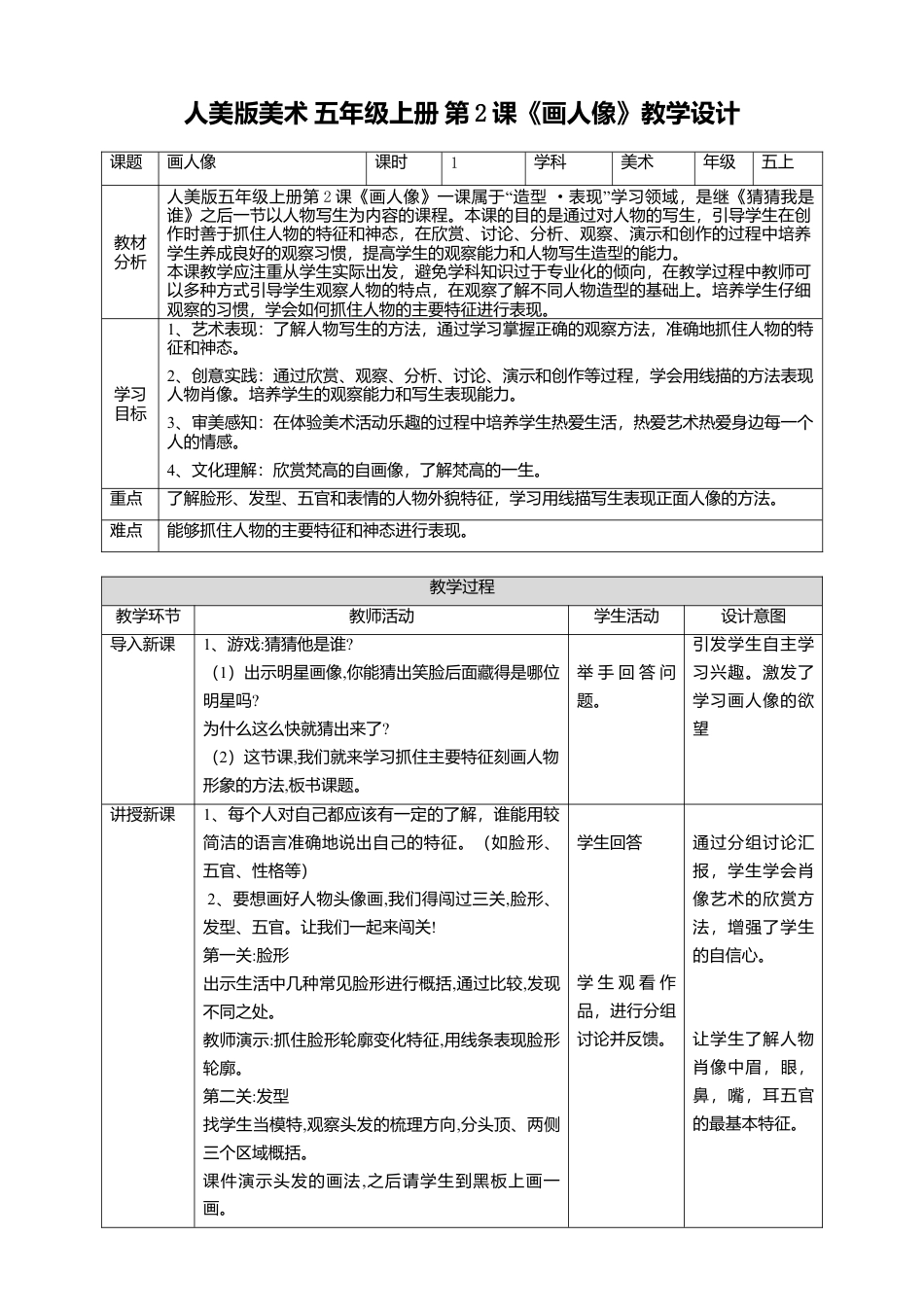 【核心素养目标】五年级上第2课《画人像》教案（表格式）-人美版美术.doc_第1页