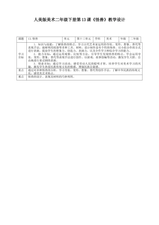 人美版美术二年级下册第十三课《怪兽》教案.doc