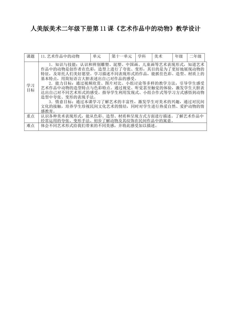 人美版美术二年级下册第十一课《艺术作品中的动物》教案.doc_第1页