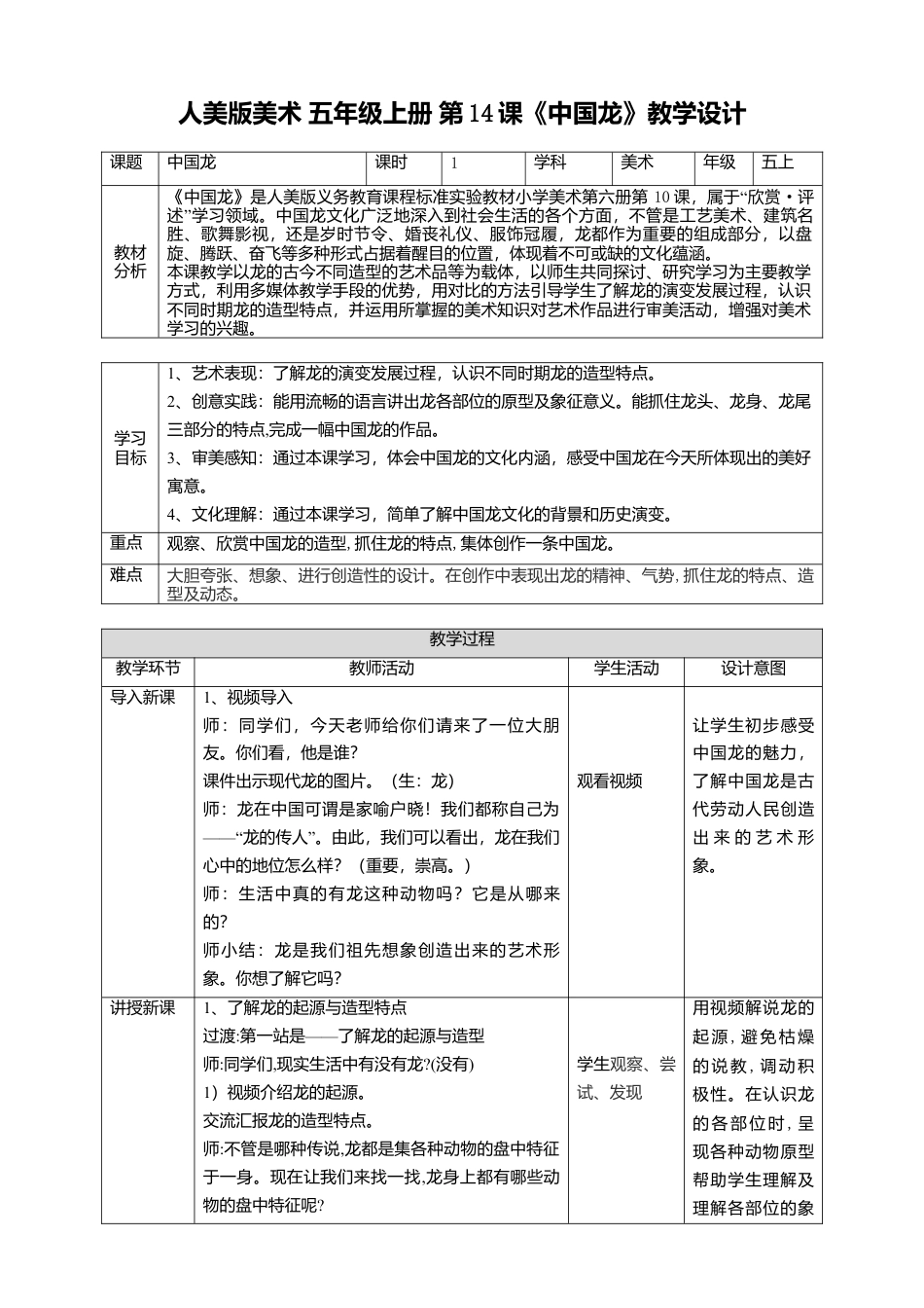 【核心素养目标】五年级上第14课  中国龙教案（表格式）-人美版美术.doc_第1页