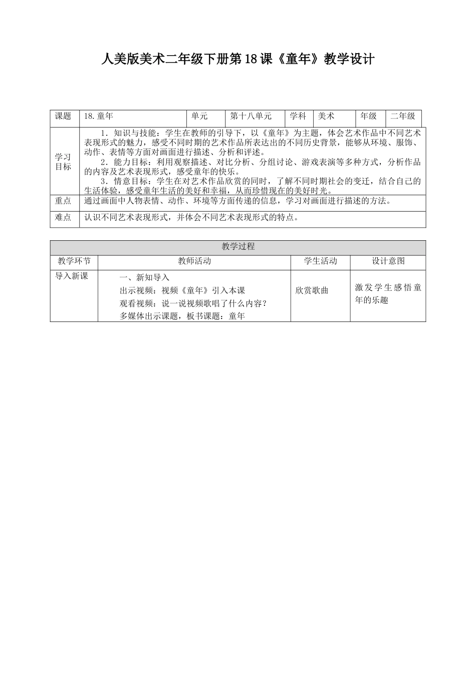 人美版美术二年级下册第十八课《童年》教案.doc_第1页