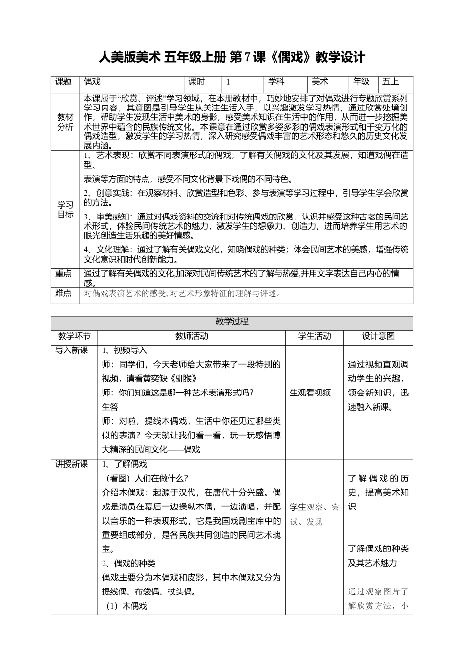 【核心素养目标】五年级上第7课 偶戏 教案（表格式）-人美版美术.doc_第1页