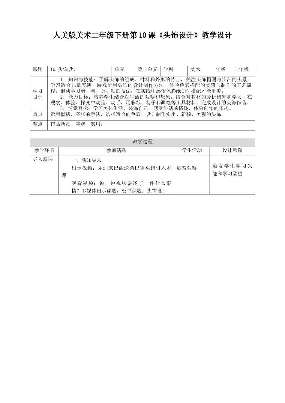 人美版美术二年级下册第十课《头饰设计》教案.doc_第1页