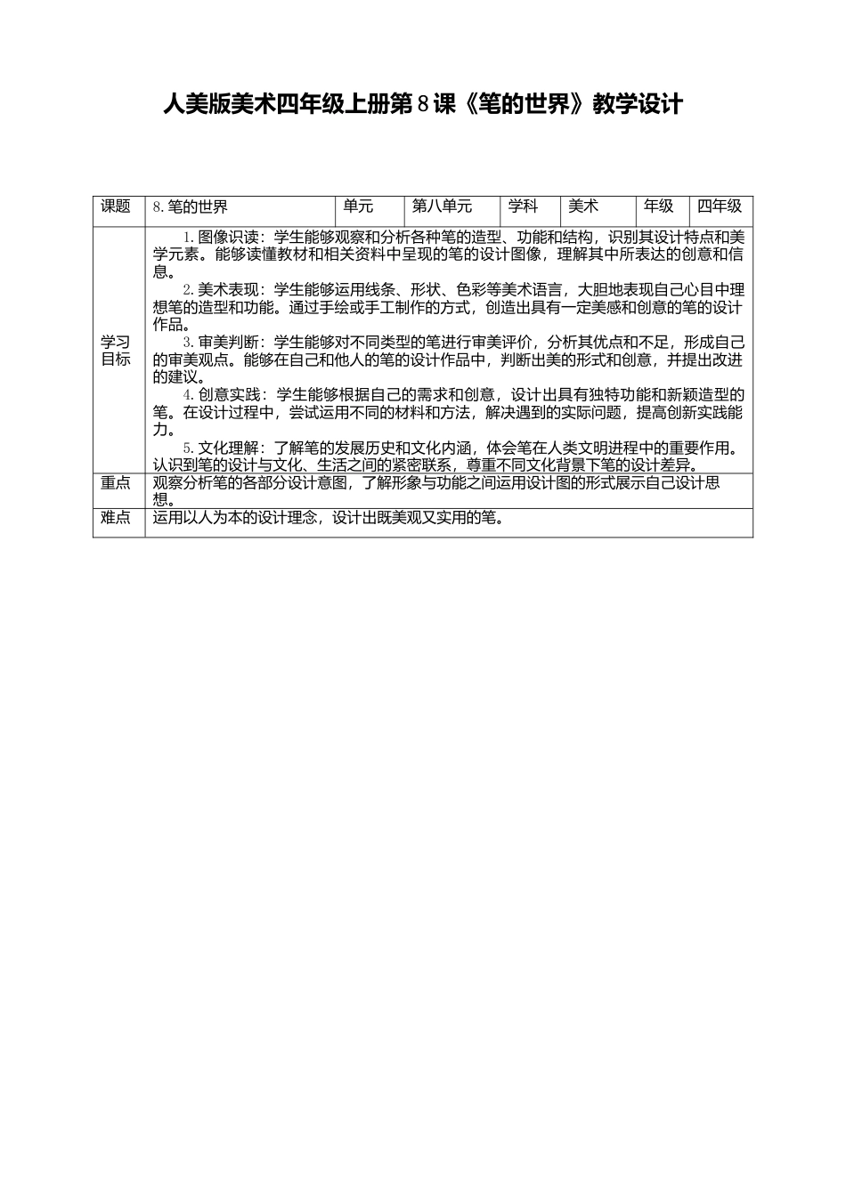 人美版美术四年级上册第八课《笔的世界》教案.doc_第1页