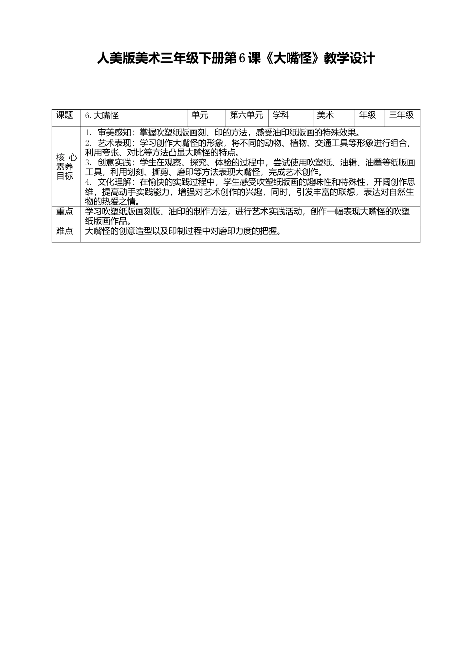 人美版美术三年级下册第六课《大嘴怪》教案.doc_第1页