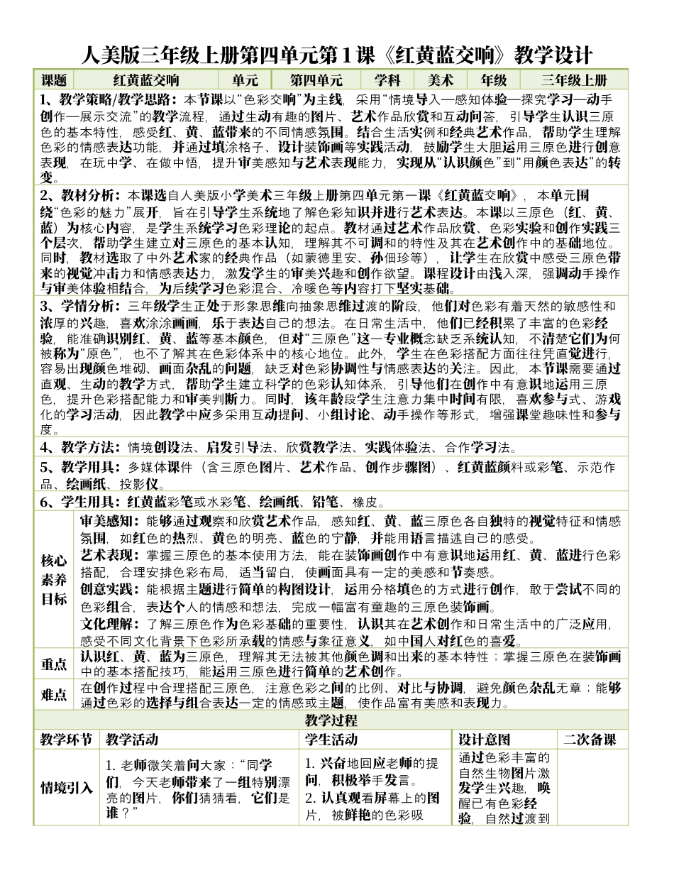 人美版美术-三年级上册第4单元第1课《红黄蓝交响》表格式核心素养教案.docx_第1页
