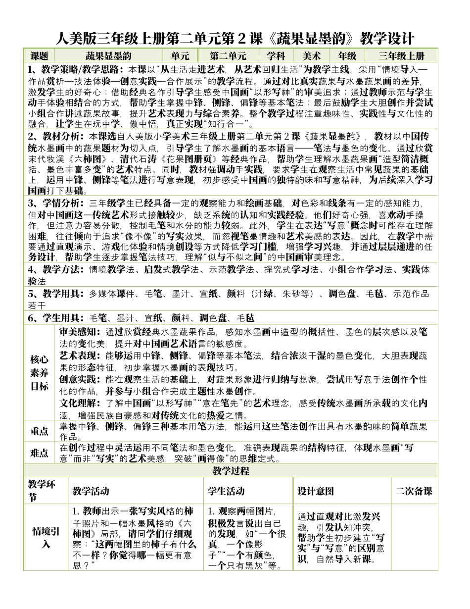 人美版美术-三年级上册第2单元第2课《蔬果显墨韵》表格式核心素养教案.docx_第1页