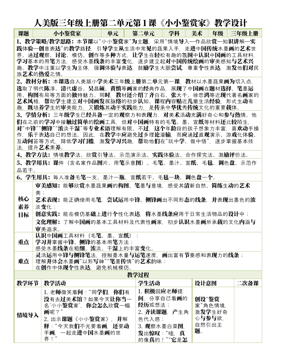 人美版美术-三年级上册第2单元第1课《小小鉴赏家》表格式核心素养教案.docx_第1页