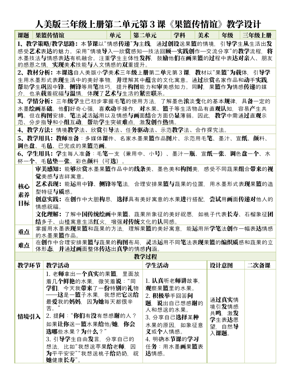 人美版美术-三年级上册第2单元第3课《果篮传情谊》表格式核心素养教案.docx_第1页