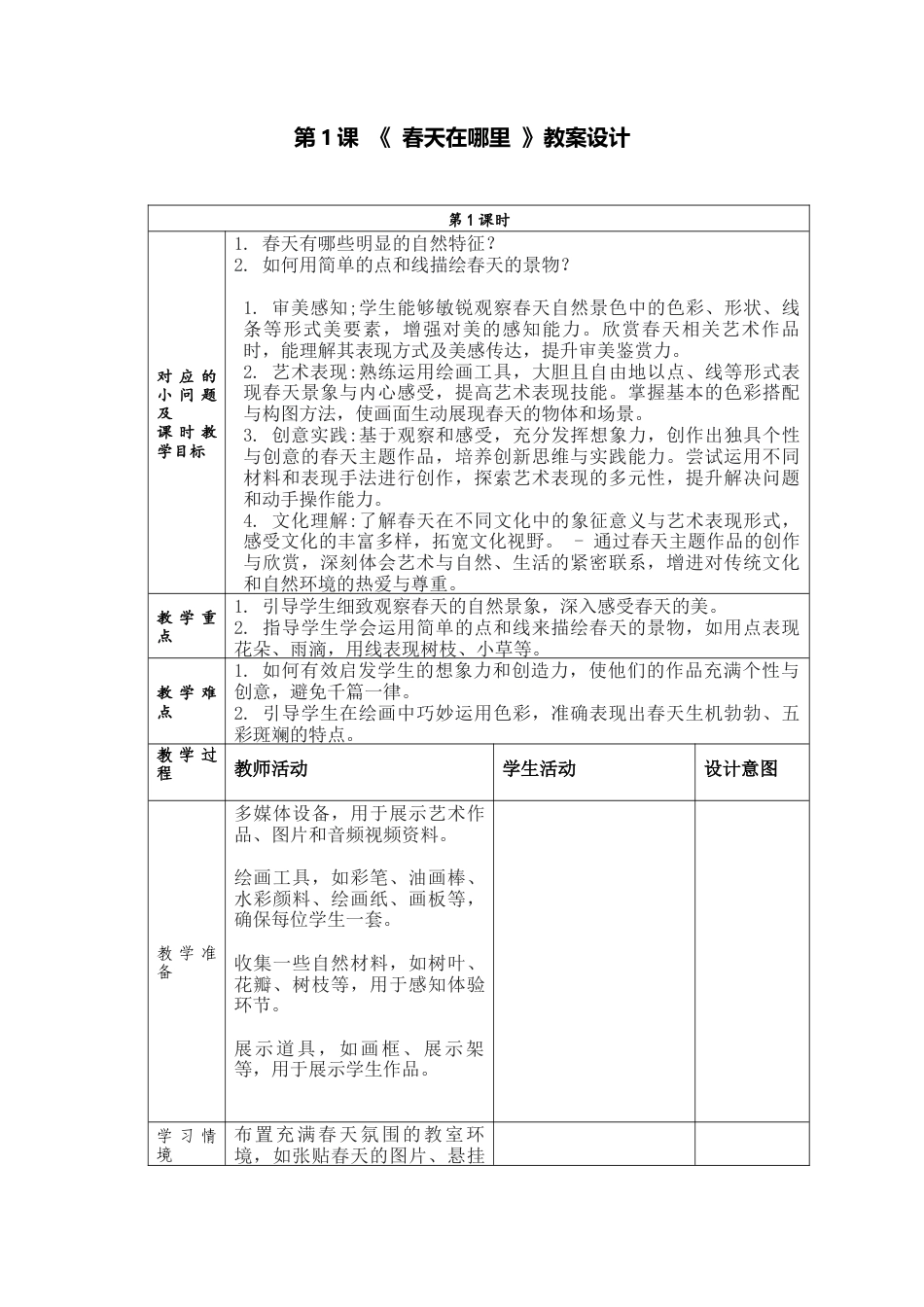 人美版美术一年级下册分课时教案1《春天在哪里》.docx_第1页