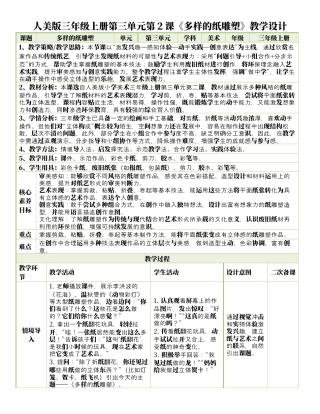 人美版美术-三年级上册第3单元第2课《多样的纸雕塑》表格式核心素养教案.docx