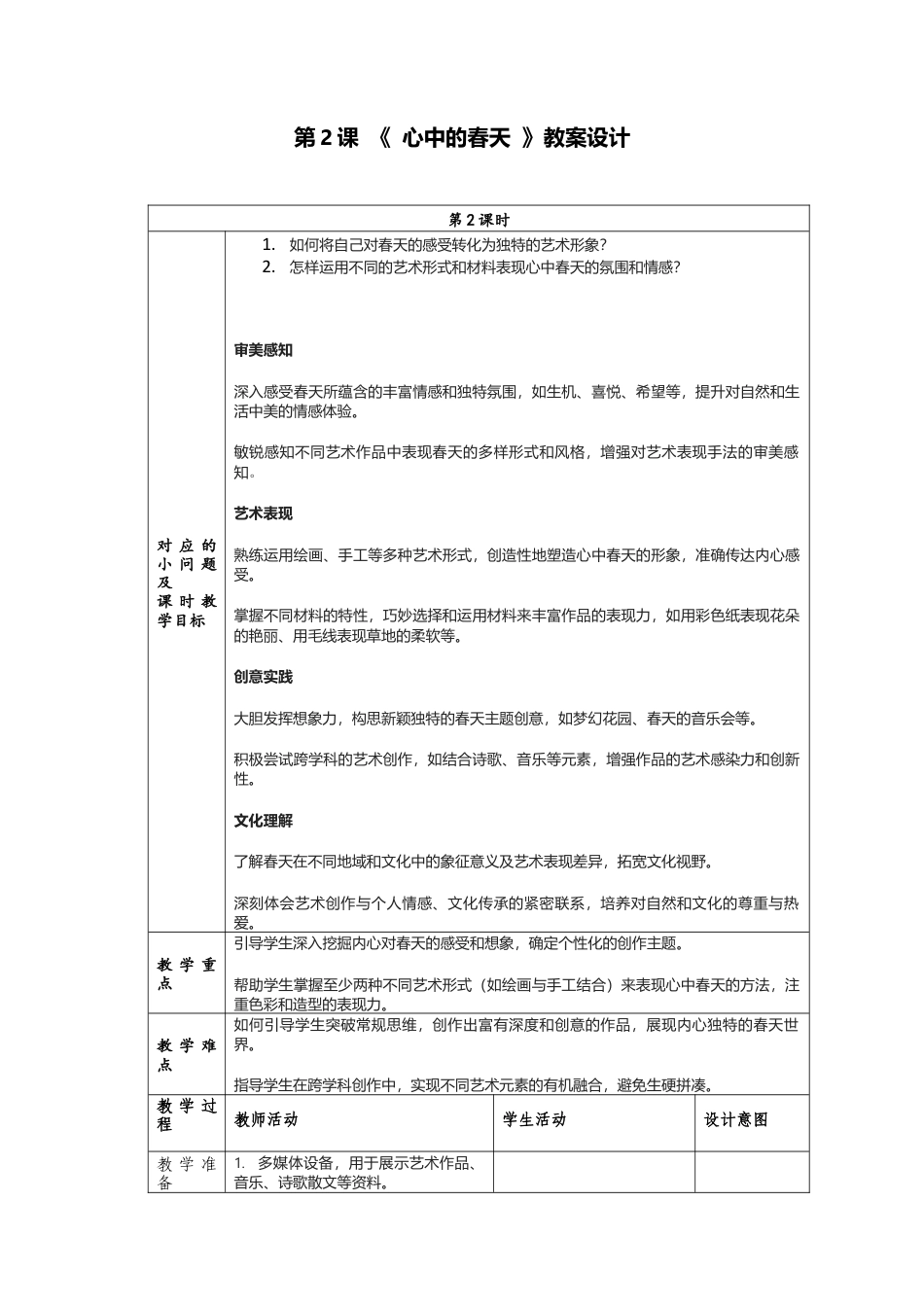人美版美术一年级下册分课时教案2《心中的春天》.docx_第1页