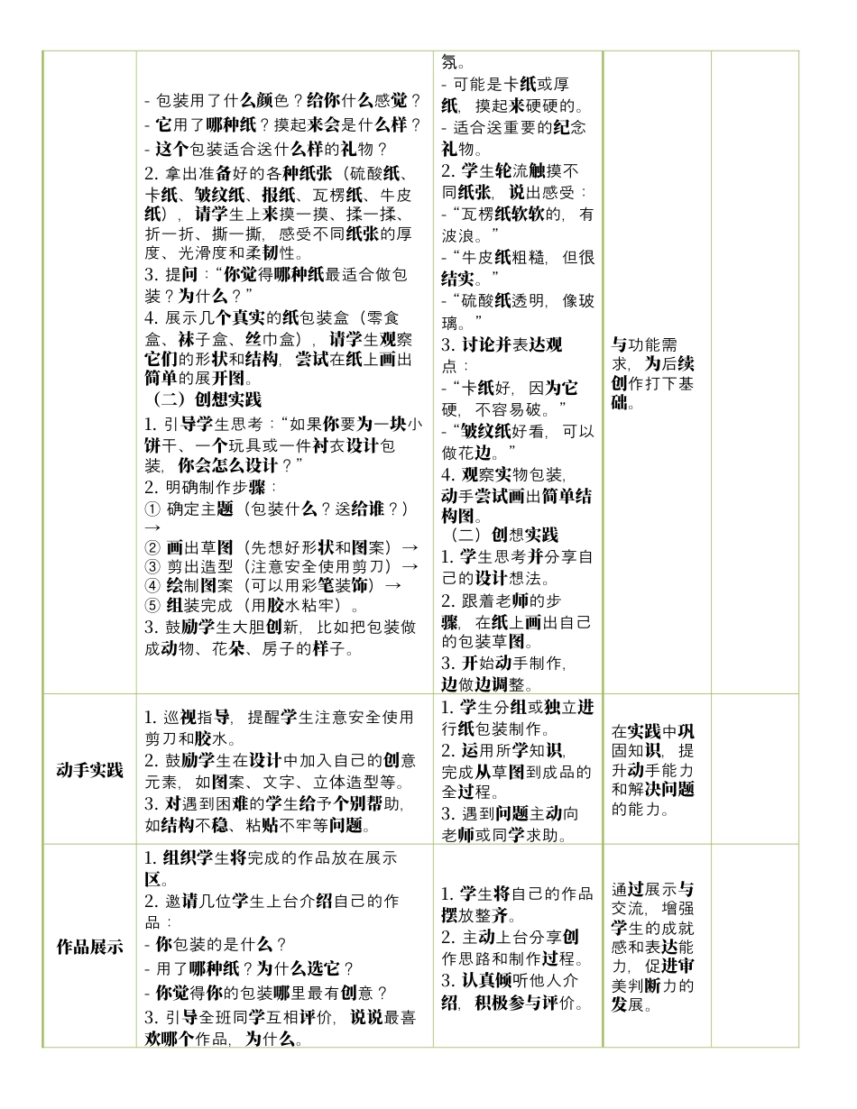 人美版美术-三年级上册第3单元第1课《漂亮的纸包装》表格式核心素养教案.docx_第2页