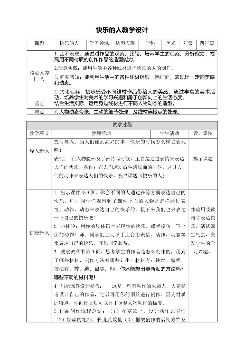 人美版小学美术4年级（下）第三课《快乐的人》教学设计.doc_第1页