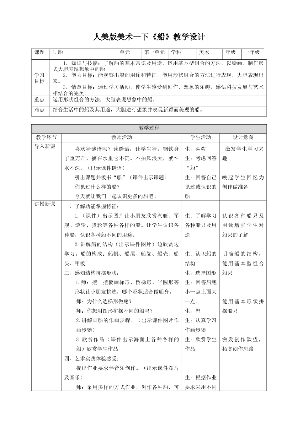 人美版美术一年级下册第一课船教案.doc_第1页