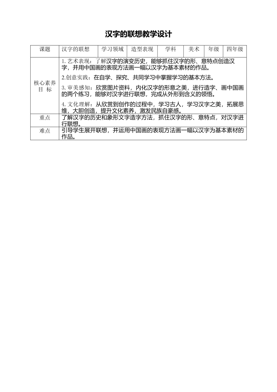 人美版小学美术4年级（下）第十二课《汉字的联想》教学设计.doc_第1页