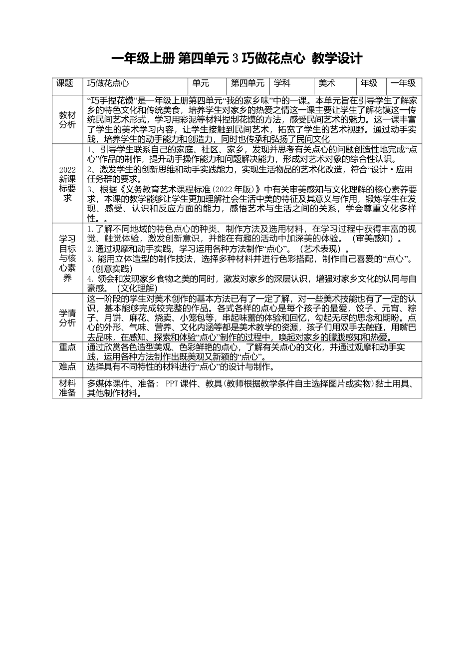 【人美版】美术  一年级上册  第四单元 2 巧做花点心  课时教案.doc_第1页