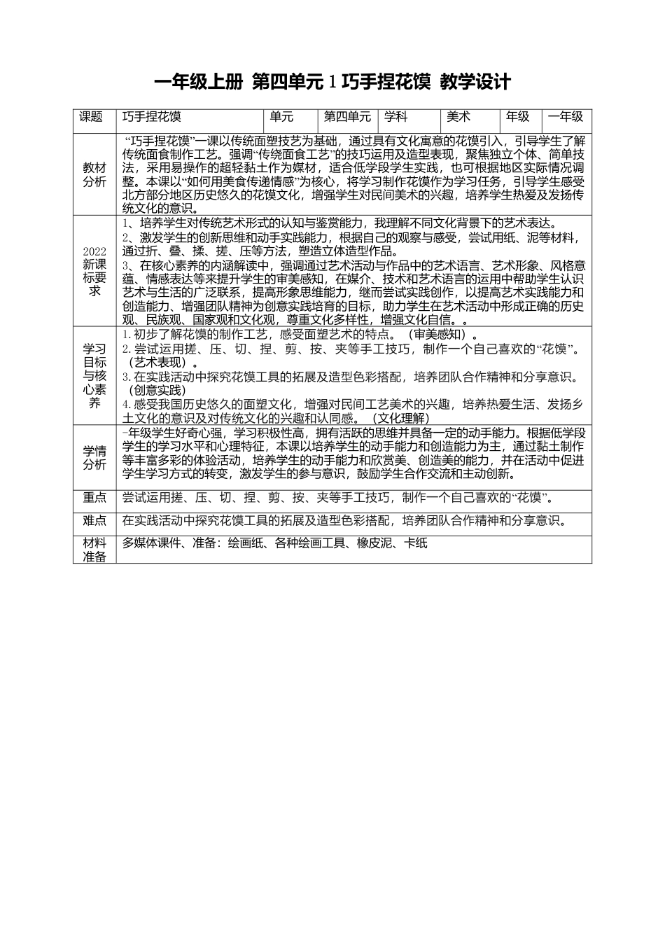 【人美版】美术  一年级上册    第四单元 1 巧手捏花馍   课时教案.doc_第1页