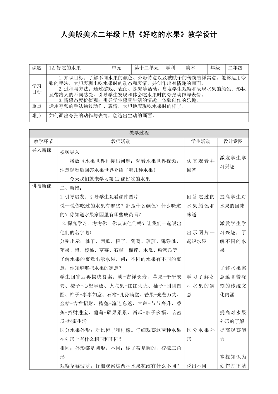 人美版美术二年级上册第十二课《好吃的水果》教案.doc_第1页