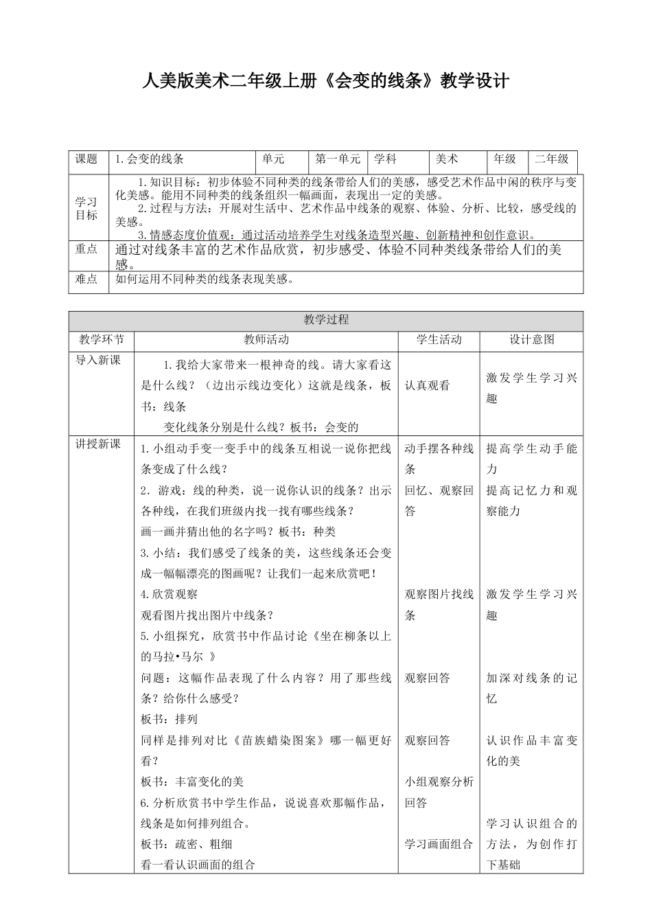 人美版美术二年级上册第一课《会变的线条》教案.doc_第1页